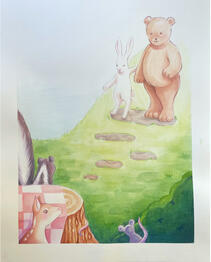 "Bear and Rabbit's Big Picnic" Page 2 | 2024 | Watercolor and Colored Pencil